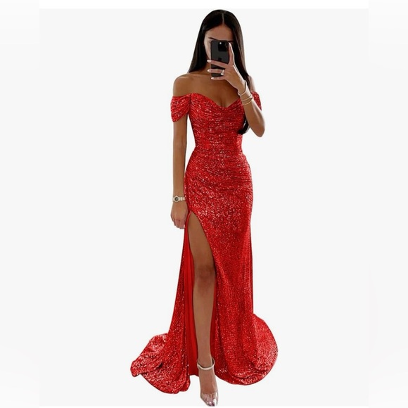 Long red prom dress off the shoulder sequins size 2 - Picture 1 of 4